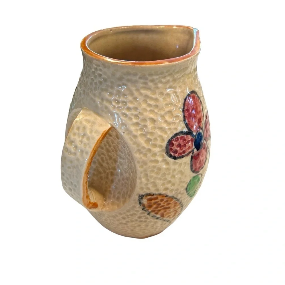 Vintage Floral Pottery Pitcher Made in Japan Textured Orange Peel Surface